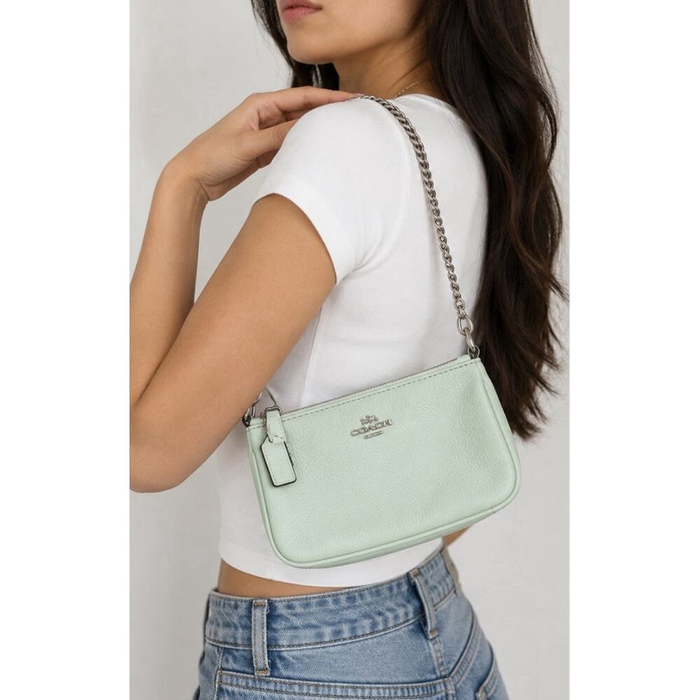 Coach Mint Green Pebbled Leather Chain Shoulder Bag Zip Pochette